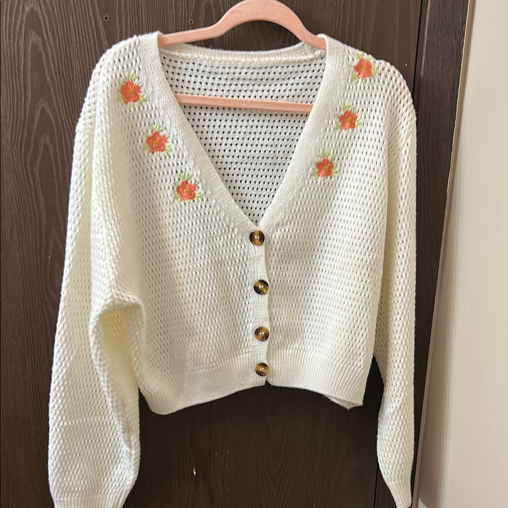 Embroidered Cropped Cardigan Sweater
